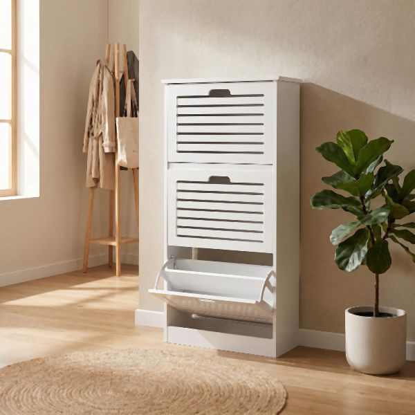 HOME NATURE WOHNKONZEPT Schuhschrank, Schuhkipper für 12–16 Paar Schuhe, Platzsparender Schuhschrank, mit Klappfächern, 53,6x24x108,7cm, Weiß, YQ0307