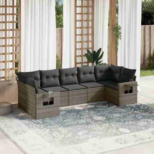 vidaXL 7-tlg. Garten-Sofagarnitur mit Kissen Grau Poly Rattan, UV-beständig, 3220589