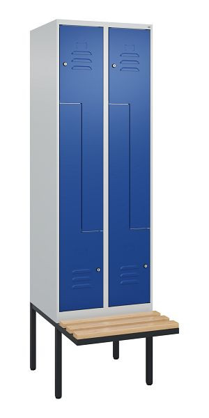 C+P Z-Spind Classic PLUS, Bank, 4 Abteile, 2120x600x815mm, 7035/5010, Zylinderschlösser, Buche-Sitzleisten, 0800437-204 S10018