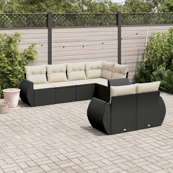 vidaXL 7-teilig Garten-Sofagarnitur mit Kissen Schwarz Poly Rattan, 3221605