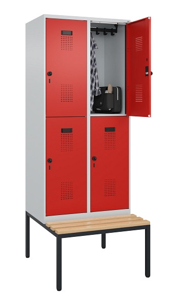 C+P Doppelstock-Spind Evolo PLUS, Bank, 4 Fächer, 2120x800x815mm, 7035/3020, Drehriegel, Sitzfläche Buche-Hartholz, Sitzbank, 0493507-22 S10005