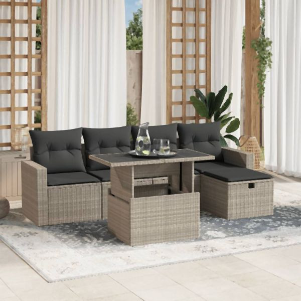 vidaXL 6-tlg. Garten-Sofagarnitur mit Kissen Hellgrau Poly Rattan, 3274812