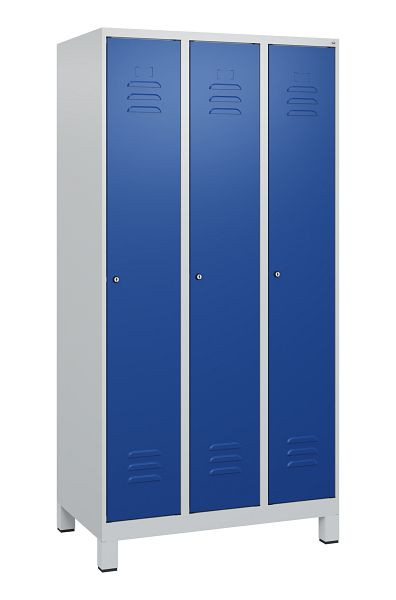 C+P Umkleidespind Classic PLUS mit Mitteltrennwand, Füße, 3 Abteile, 1800x900x500mm, 7035/5010, Zylinderschlösser, 0800107-30F S10018