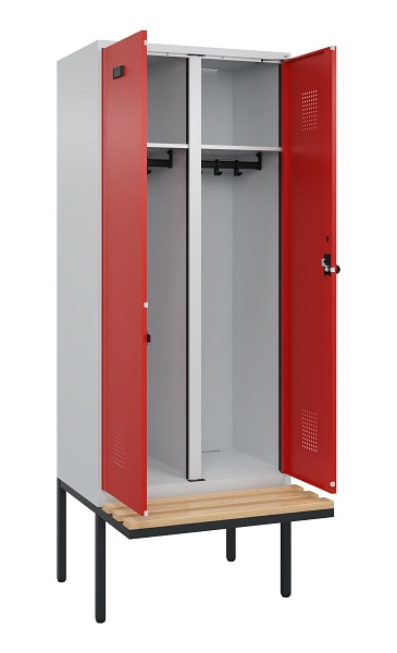 C+P Schwarz-Weiß-Spind Evolo PLUS, Bank, 2 Abteile, 2120x800x815mm, 7035/3020, Drehriegel, Sitzfläche Holz, 0490427-22 S10005