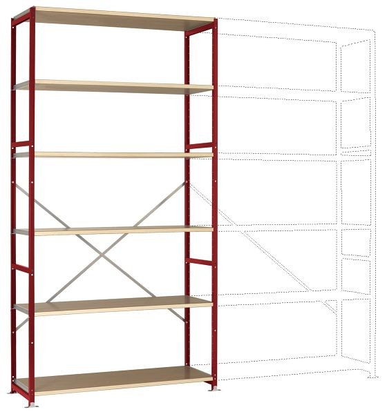 Manuflex Breitfach-Steckregal Grundregal mit 6 Holzverbundböden, HxBxT = 2500 x 1280 x 1000 mm, rubinrot, RP1333.3003