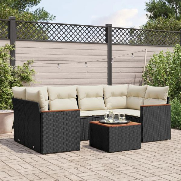 vidaXL 7-teilig Garten-Sofagarnitur mit Kissen Schwarz Poly Rattan, 3258199