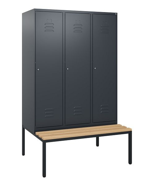 C+P Umkleidespind Classic PLUS, mit untergebauter Sitzbank, 3 Abteile, 1950x1200x815mm, 7016/7016, Zylinderschlösser, Buche-Sitzleisten, 0800505-32 S10027