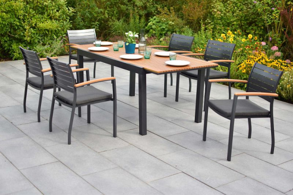 Merxx Astros Set 13-teilig, 6 Astros Stapelsessel, 6 Sitzkissen, uni grau, 1 Ausziehtisch 150 (200) x 90 cm, Tisch aus Kunststoff in Holzoptik, 50193-800