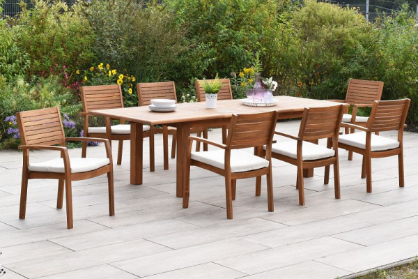 Merxx Batavia Set 17-teilig, 8 Batavia Stapelsessel, 8 Sitzauflagen, uni beige, 1 Doppelausziehtisch, 180 (220/260) x 100 cm, FSC Akazienholz, 50955-311