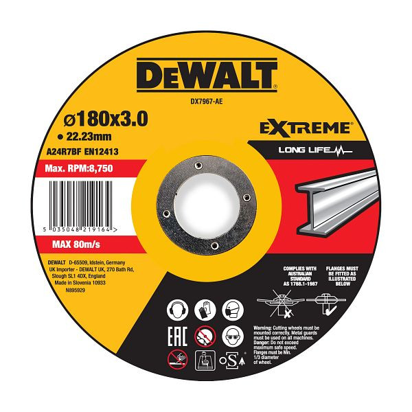 DeWalt EXTREME Trennscheibe 180x3x22,23 mm Metall Typ 42 (gekröpft), DX7967-AE