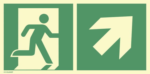 Moedel Notausgang rechts aufwärts, Kombi, ISO 7010, Aluminium, nachleuchtend, 160-mcd, 594x297 mm, 101337