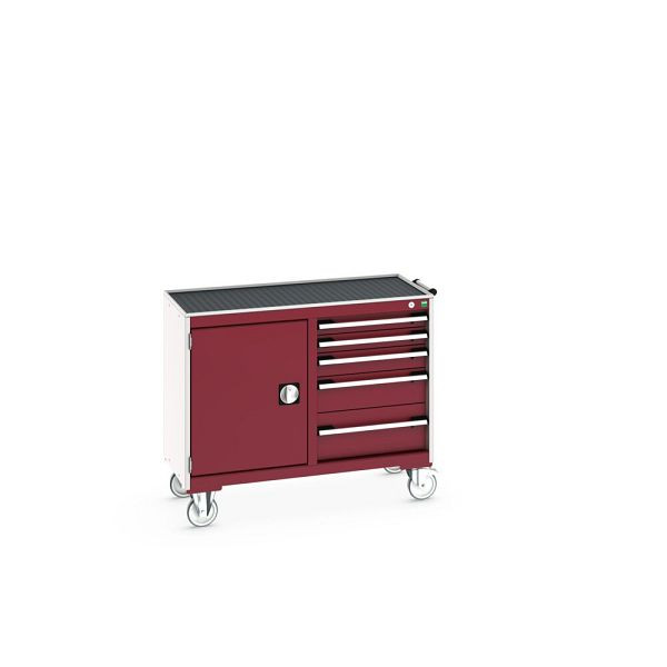 bott cubio Montagewagen 50/50 mit Abrollrand, Türe, Ablage, 5 Schubladen, BxTxH: 1050x525x885mm, Purpurrot, 41006009.24V