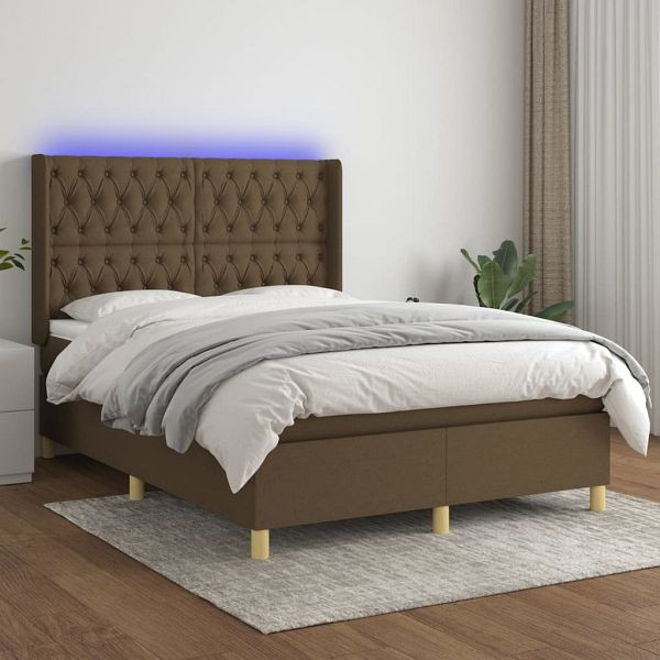 vidaXL Boxspringbett mit Matratze & LED Dunkelbraun 140x200 cm Stoff, 3139120