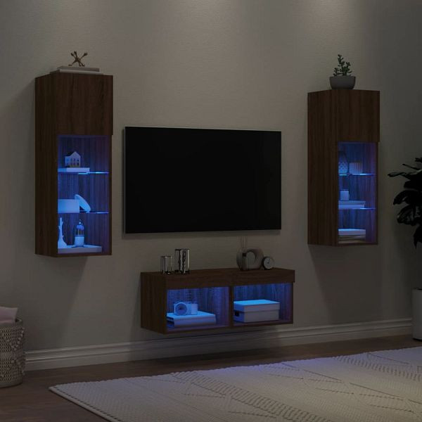 vidaXL 4-teilig TV-Wohnwand mit LED-Leuchten Braun Eichen-Optik, 3216582