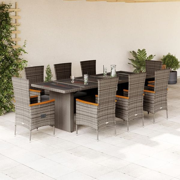 vidaXL 9-teilig Garten-Essgruppe mit Kissen Grau Poly Rattan, 3277553