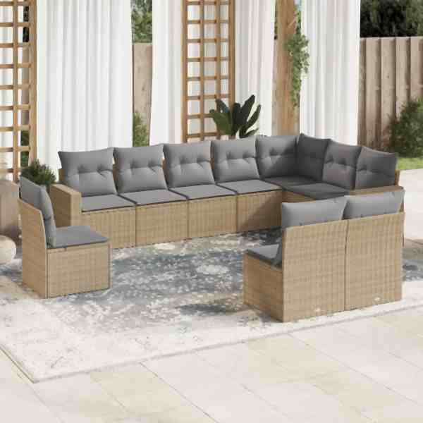 vidaXL 10-tlg. Garten-Sofagarnitur mit Kissen Beige Poly Rattan, UV-beständig, 3219099