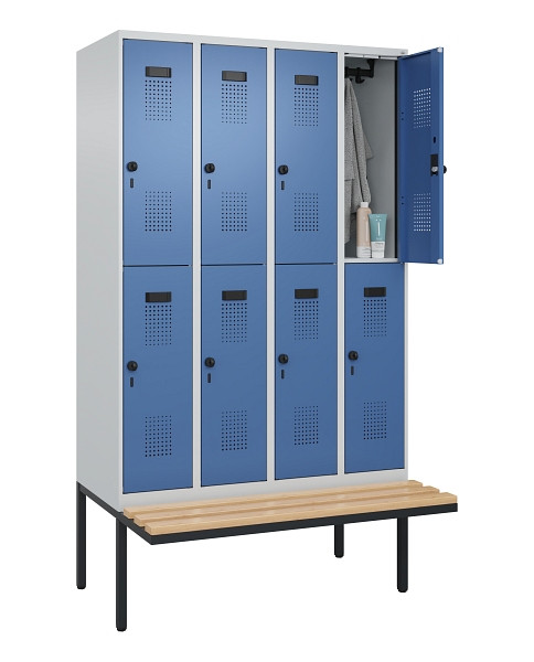 C+P Doppelstock-Spind Evolo PLUS, Bank, 8 Fächer, 2120x1200x815mm, 7035/5023, Drehriegel, Sitzfläche Buche-Hartholz, 0493407-40 S10008