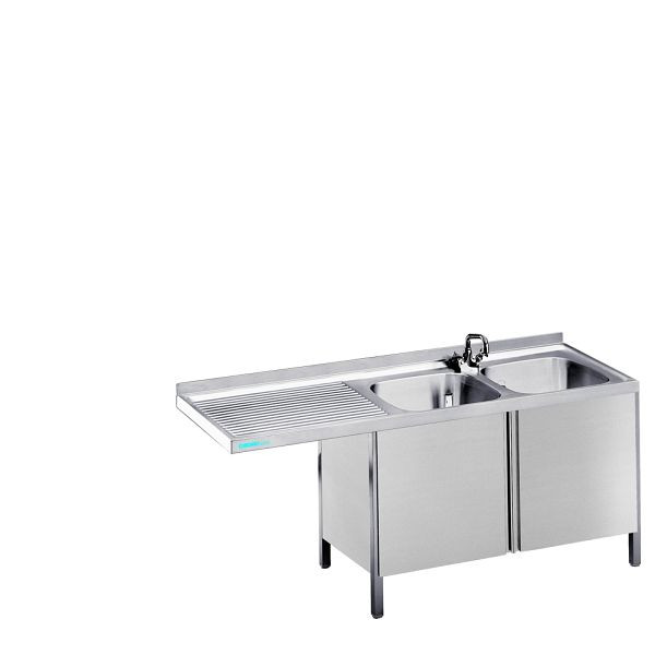 CHROMOnorm Spülcenter mit 2 Becken rechts, Tiefe 600mm Länge 1500mm, Spülenabdeckung mit Unterbau, Flügeltüren, STC615C2RSF