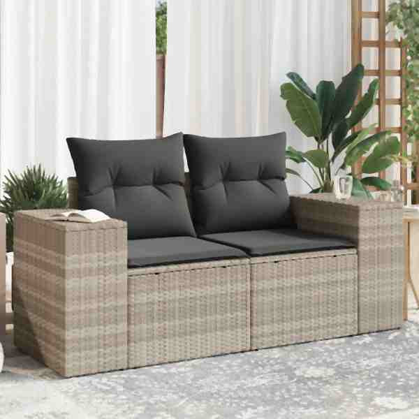 vidaXL Gartensofa mit Kissen 2-Sitzer Hellgrau Poly Rattan, UV-beständig, 366198
