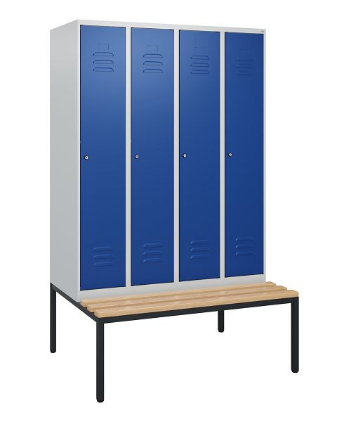 C+P Umkleidespind Classic PLUS, mit untergebauter Sitzbank, 4 Abteile, 1950x1200x815mm, 7035/5010, Zylinderschlösser, Buche-Sitzleisten, 0800505-40 S10018