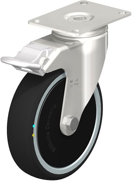 Blickle LKPXA-PATH 126KD-26-FI-ELS-FK Edelstahl-Apparate-Lenkrolle mit Anschraubplatte & Feststeller, Thermoplastisches Polyurethan, Grau, 853521