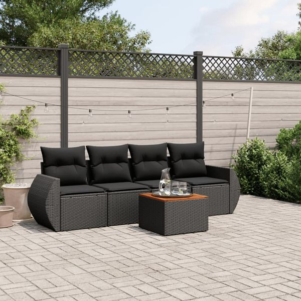 vidaXL 5-teilig Garten-Sofagarnitur mit Kissen Schwarz Poly Rattan, 3224879