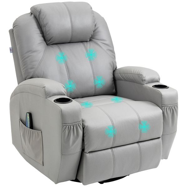 HOMCOM Relaxsessel mit Massagefunktion, neigbare Lehne, drehbar, bis 150 kg, Kunstleder, Grau, 700-166V90GY