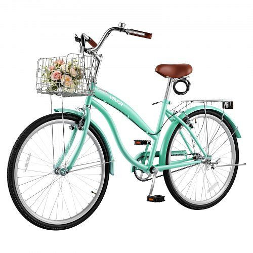 VEVOR Damenfahrrad 26 Zoll 150 kg 1-Gang Hellgrün, für Alltag und Pendeln, mit Aufrechter Sitzposition, Korb, Gepäckträger, 50 kg, SGXYJZXCQLSSPY9A5001V0