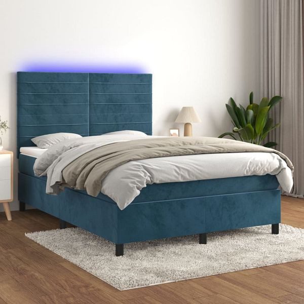 vidaXL Boxspringbett mit Matratze & LED Dunkelblau 140x200 cm Samt, 3136189