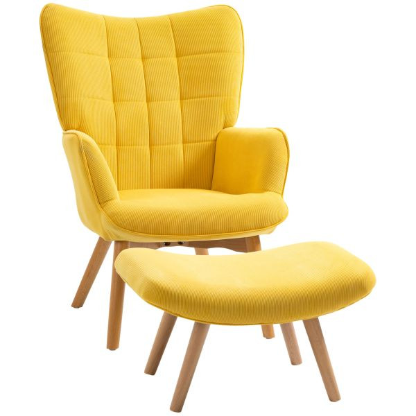HOMCOM Ohrensessel mit Hocker, Relaxsessel, Polstersessel in Cord-Optik, Gelb, 839-455V00YL
