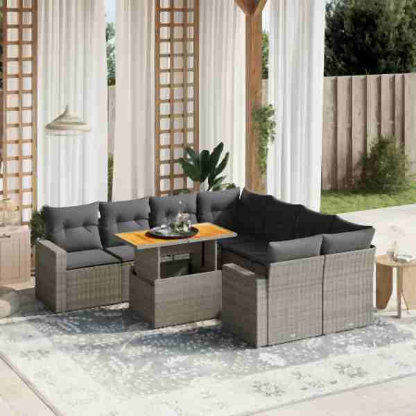 vidaXL 9-tlg. Garten-Sofagarnitur mit Kissen Grau Poly Rattan, UV-beständig, 3271242