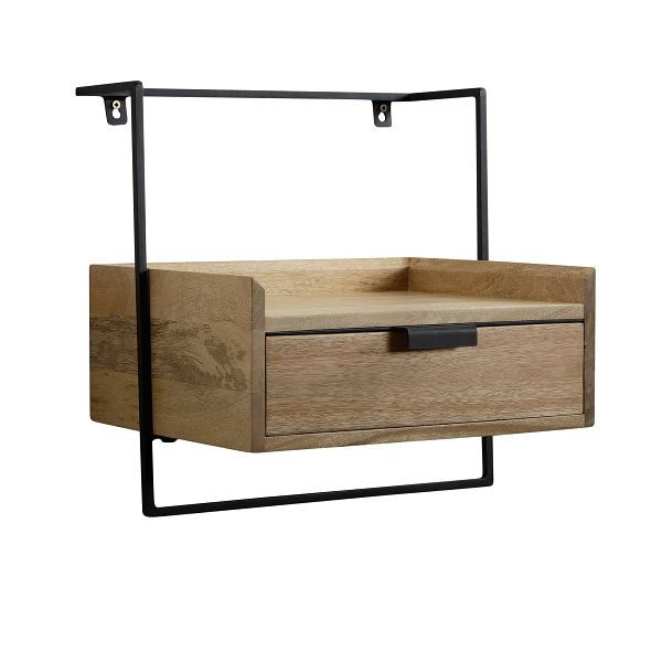 Wohnling Nachtkonsole für Wandmontage 44x45x35cm Mango Massivholz Hellbraun, Nachttisch mit Schublade, Wandboard Schwebend für Boxspringbett, WL7.160