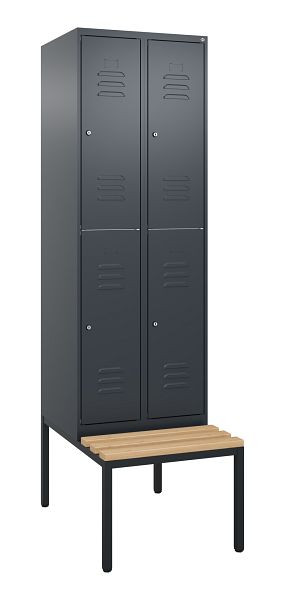 C+P Doppelstöckiger Spind Classic PLUS, 2 Abteile, 2120x600x815mm, 7016/7016, Zylinderschlösser, Buche-Sitzleisten, Sitzbank, 0803507-20 S10102