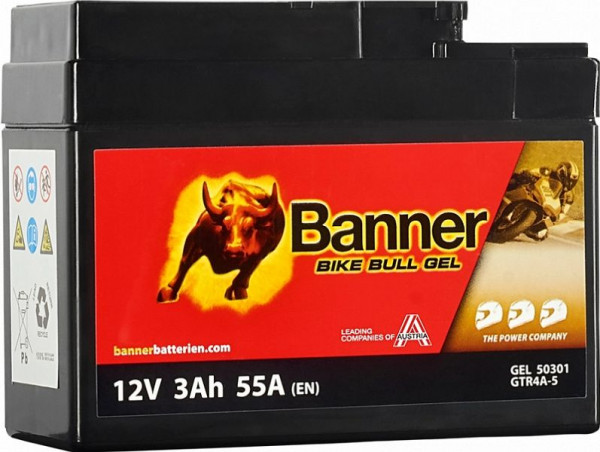 Banner Bike Bull Motorradbatterie Gel 503 01 / GTR4A-5, gefüllt und verschlossen, absolut wartungsfrei, 023503010101