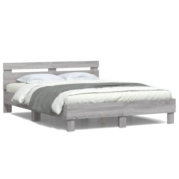 vidaXL Bettgestell mit Kopfteil LED-Beleuchtung Grau Sonoma 150x200 cm, 3207544