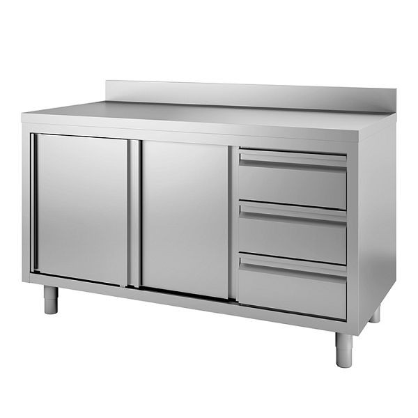 Gastro-Inox Edelstahl Arbeitsschrank mit Drehtüren, 3 Schubladen und Aufkantung, 1600 x 700 x 800 mm, 302.365