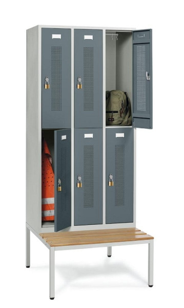 Deskin Doppelstöckiger Spind mit Sitzbank, Blaugrau RAL 7031, 870 x 800 x 2050 mm, 6 Abteile, Korpus: Lichtgrau RAL 7035, 331504