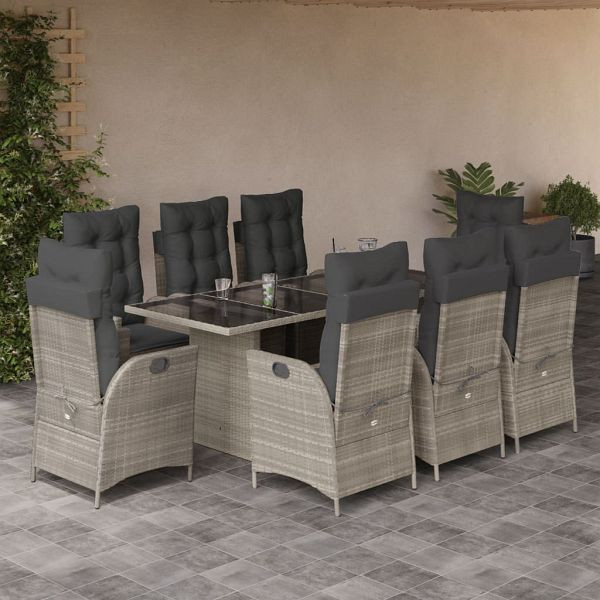 vidaXL 9-teilig Garten-Essgruppe mit Kissen Hellgrau Poly Rattan, 3213131