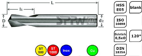 SPPW NC-Anbohrer HSS-E05 120° ISO L: 115x35 - Ø16,0, 1233801600