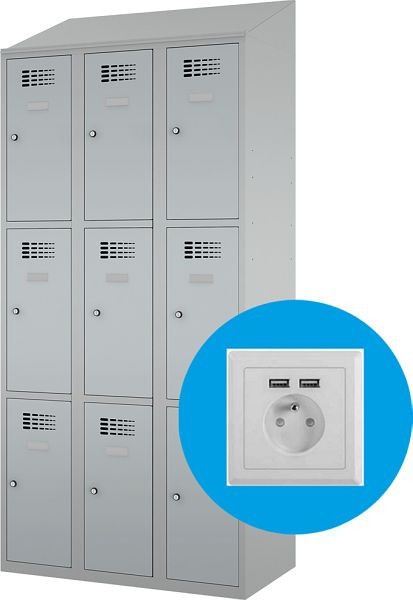 Eurobox Garderobenspind, 3 Abteile 9 Fächer, mit Steckdose, 400 mm, 1200-040303