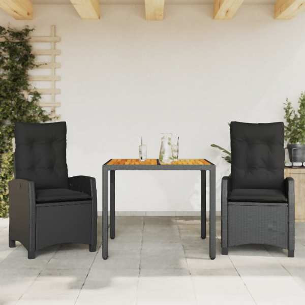 vidaXL 3-tlg. Garten-Essgruppe mit Kissen Schwarz Poly Rattan, UV-beständig, 3212662