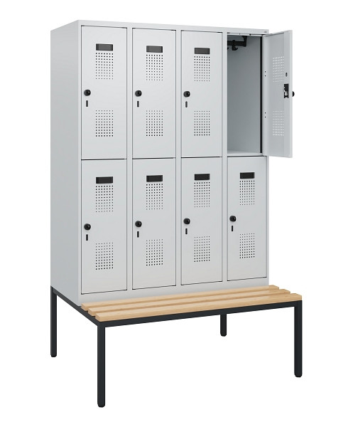 C+P Doppelstöckiger Spind Evolo PLUS, Bank, 8 Fächer, 1950x1200x815mm, 7035/7035, Drehriegel, Sitzfläche Buche-Hartholz, Sitzbank, 0493505-40 S10013
