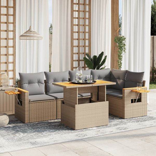 vidaXL 6-teilig Garten-Sofagarnitur mit Kissen Beige Poly Rattan, 3273509