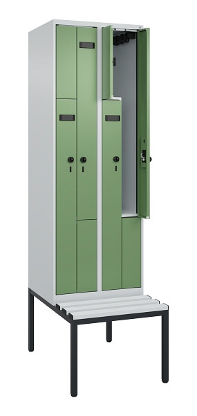 C+P Z-Spind Evolo PLUS, Bank, 4 Fächer, 2120x600x815mm, 7035/6011, Drehriegel, Sitzfläche Kunststoff, Sitzbank, 0490537-204 S10064