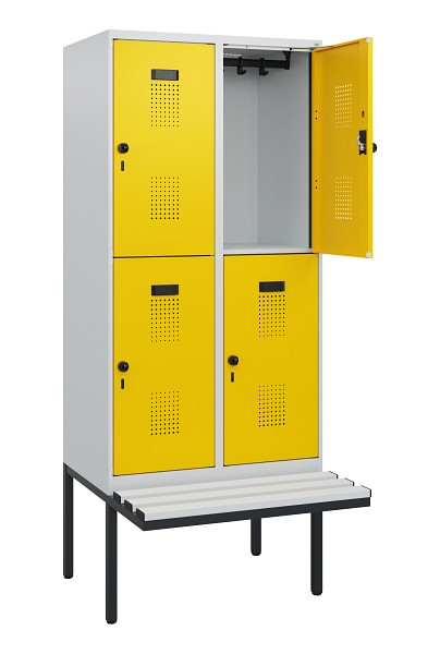 C+P Doppelstock-Spind Evolo PLUS, Bank, 4 Fächer, 1950x800x815mm, 7035/1023, Drehriegel, Sitzfläche Kunststoff, 0493405-22 S10084