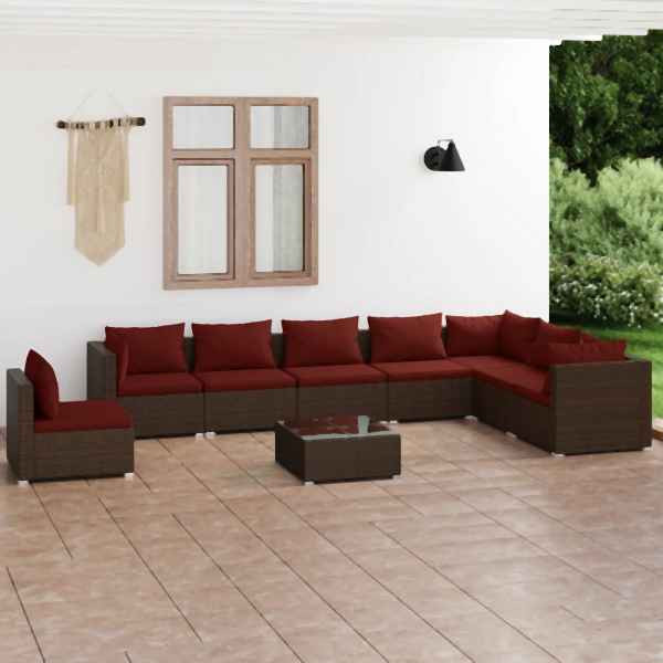 vidaXL 9-tlg. Garten-Lounge-Set mit Kissen Poly Rattan Braun, 3102379