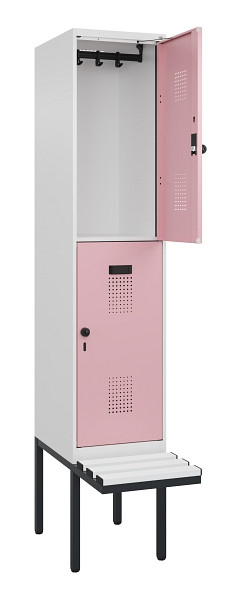 C+P Doppelstock-Spind Evolo PLUS, Bank, 2 Fächer, 2120x400x815mm, 9016/3015, Drehriegel, Sitzfläche Kunststoff, 0493407-12 S10099