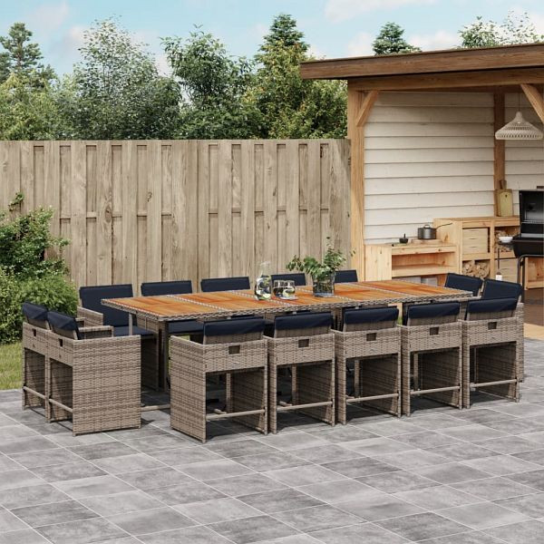 vidaXL 15-teilig Garten-Essgruppe mit Kissen Grau Poly Rattan, 3278005