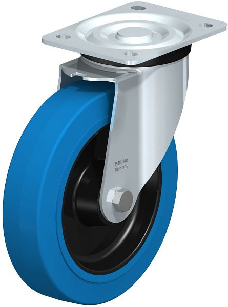 Blickle L-POEV 200R-SB Stahlblech-Lenkrolle, mittelschwere Ausführung, mit Anschraubplatte, Elastik-Vollgummi, Blau, 622191