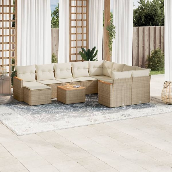 vidaXL 11-teilig Garten-Sofagarnitur mit Kissen Beige Poly Rattan, 3226562